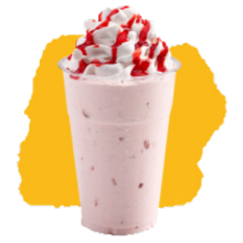 Strawberry milkshake with cream top and strawberry sauce on top